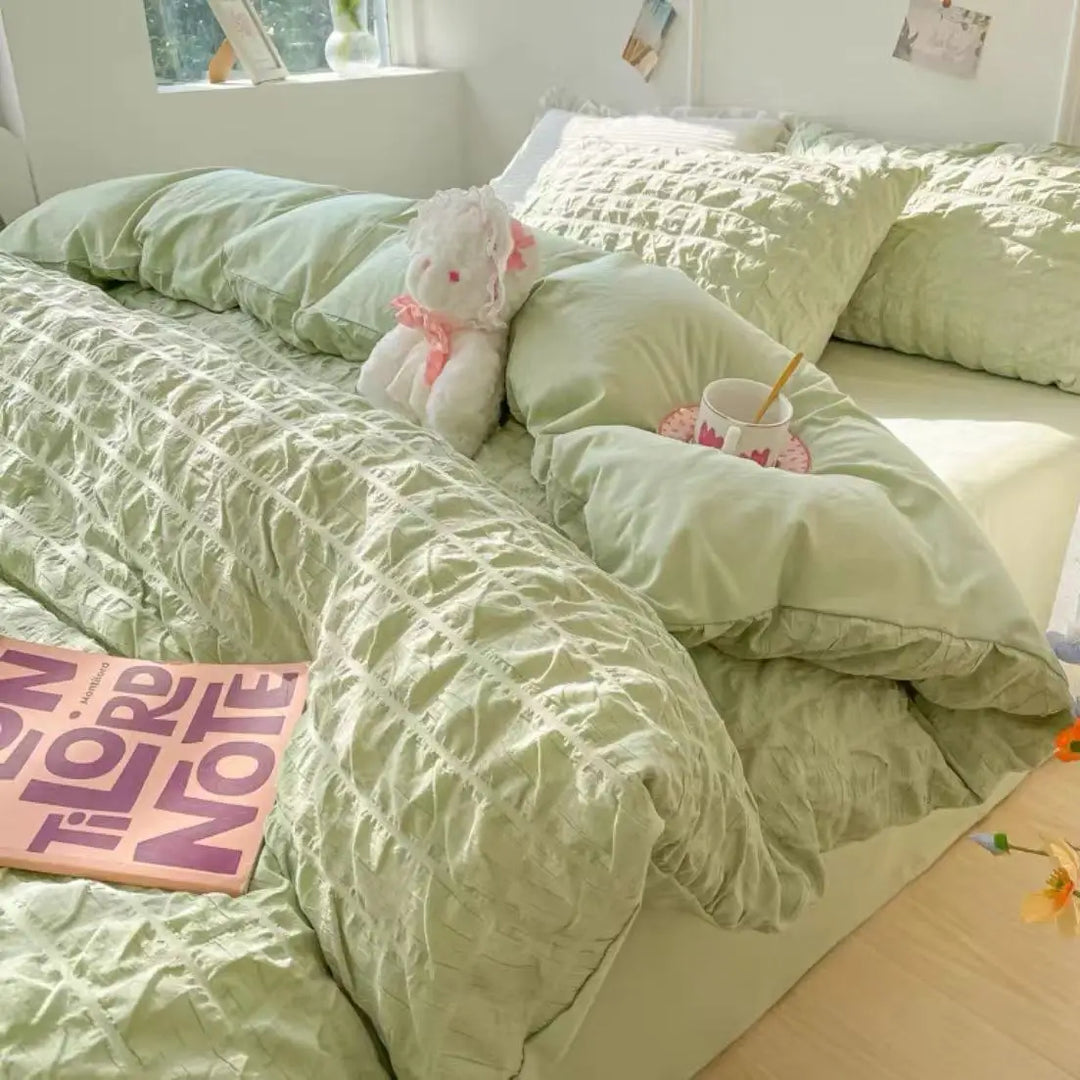 Rynx | Princess Bedding Set French Style Wash Cotton Uni Seersucker Summer Soft 2024 New Bed Sheet Set Blanket Set