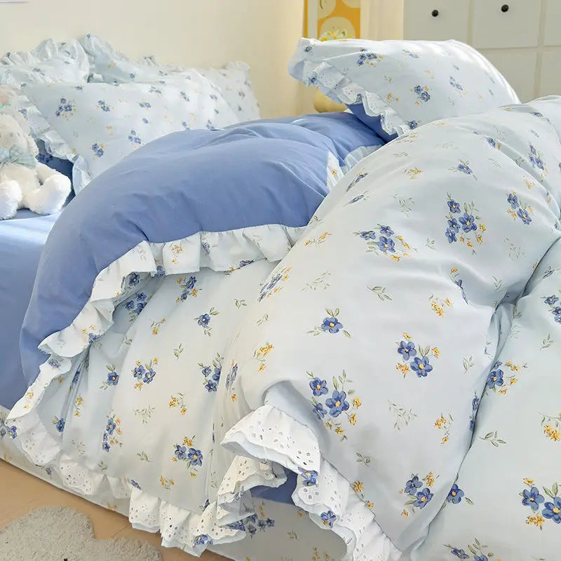 Rynx | In Style Floral Duvet Cover Set Flat Cover Pillowcases Without Filling Queen 200x230cm Romantic Girls Blue Bedding Flower Bedding