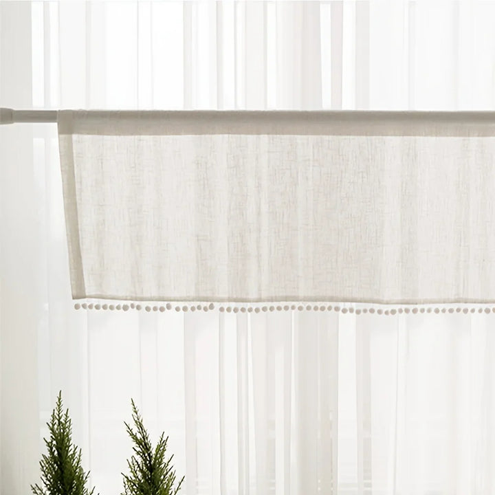 Rynx | 1 piece artificial linen cross pattern lace cotton ball short curtain half curtain small curtain Japanese and Korean style decorative curtain for kitchen furniture restaurant window curtain