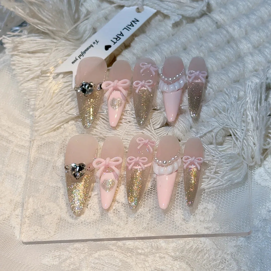 Rynx | 10 Pieces Pink Bow Artificial Nails Glitter Powder Decor Sweet French Stick-on Nails for Women Girls Portable Handmade Korean Artificial Nail Tips