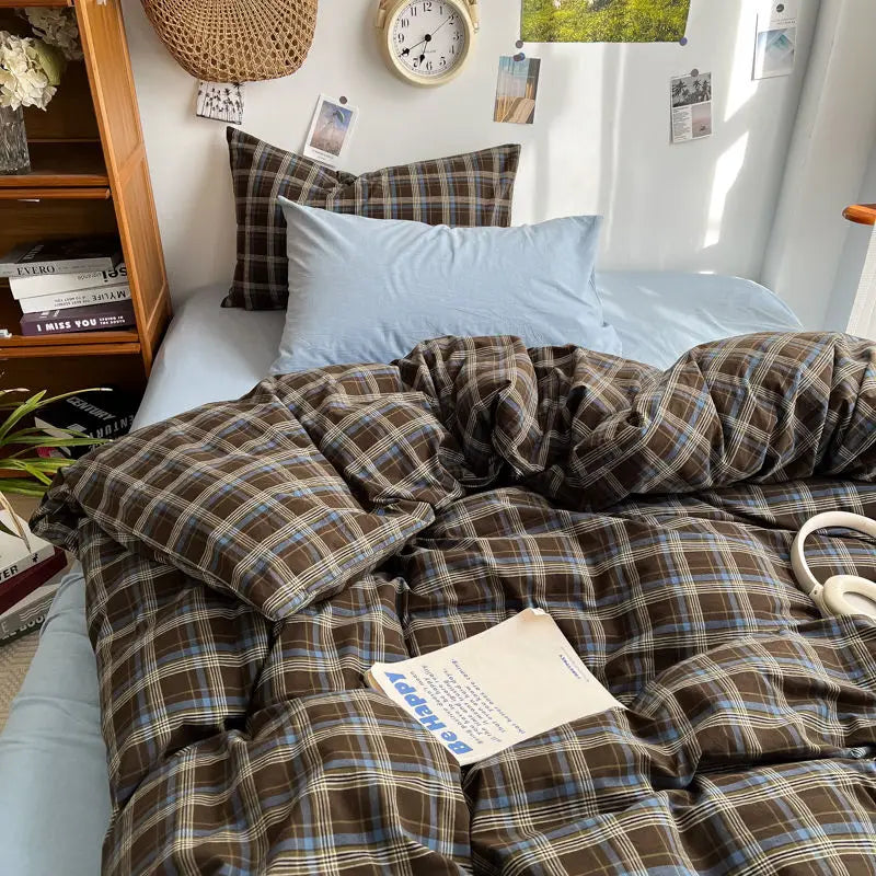 Rynx | Bedding Set Ins Ambiance Blue Coffee Grid Mixed With Washed Cotton Minimalist Four-Piece Set Fitted Sheet Duvet Cover