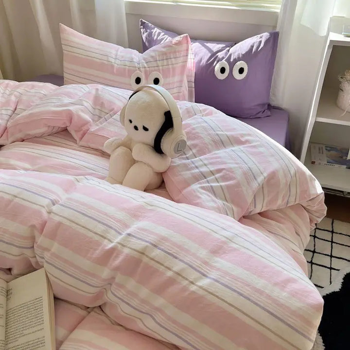 Rynx | INS Striped Bedding Set Simple Soft Duvet Cover Sheet Pillowcase Solid Color Bedding for Adults Girls Twin-Queen Size