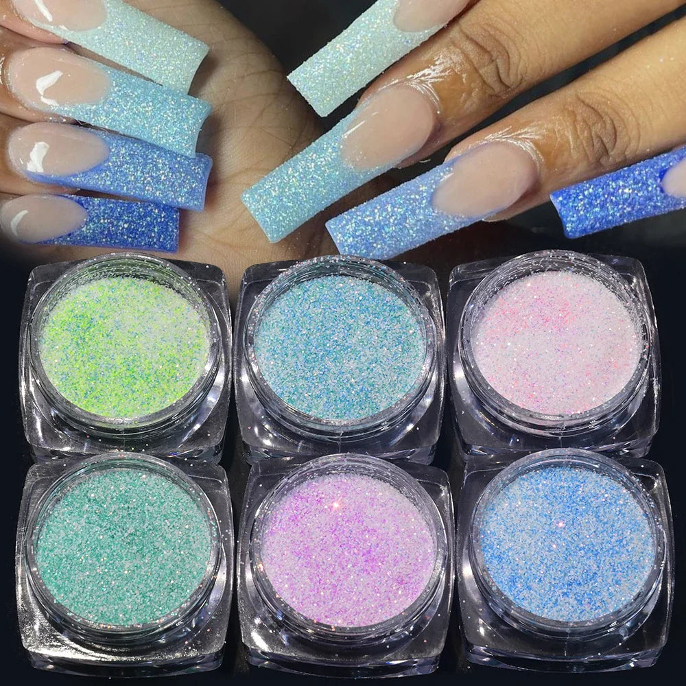 Rynx |2.5g*6Glasses Iridescent Sugar Nail Art Glitter Powder Pink/Blue Sparkling Candy Coat Effect Pigment DIY Manicure Nail Polish Decorations