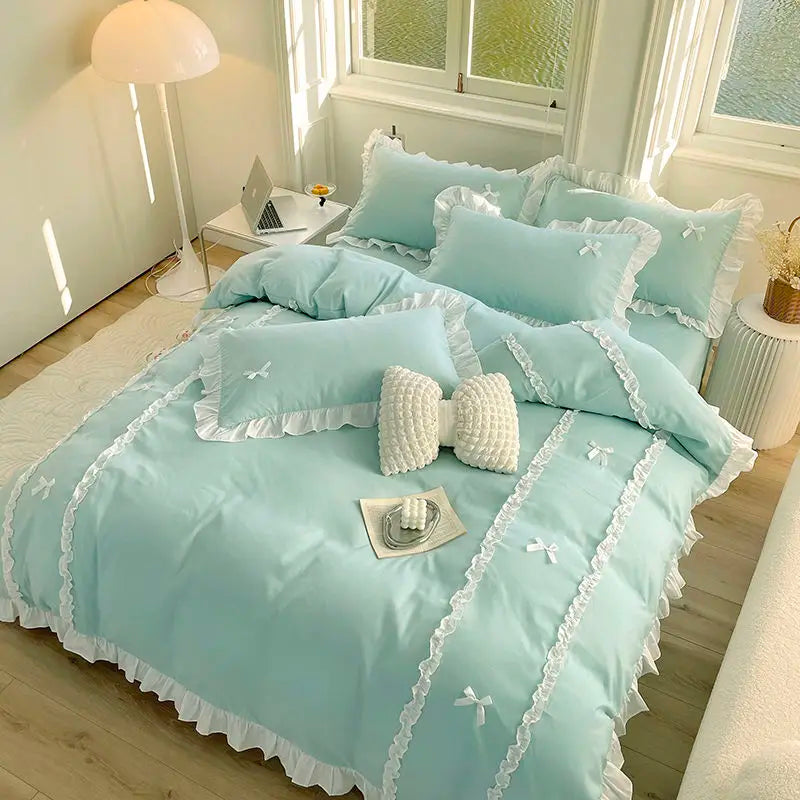 Rynx | Princess Style Duvet Cover Set with Bed Sheet Pillowcases Korean Green Pink Girls Gift Spring Single Queen Size Bedding Set