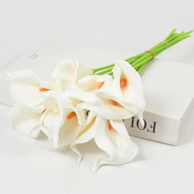 Rynx 5/10pcs Real Touch Calla Lily Artificial Flowers White Wedding Bouquet Bridal Party Home Flower Decoration Artificial Flowers