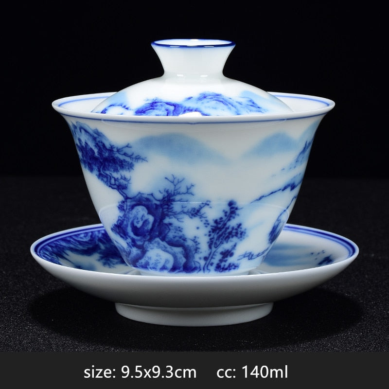 Lisslune | PorceVive Gaiwan Tea Cup | Handcrafted Porcelain with Landscape Pattern | Chinese Tea Set with Lid
