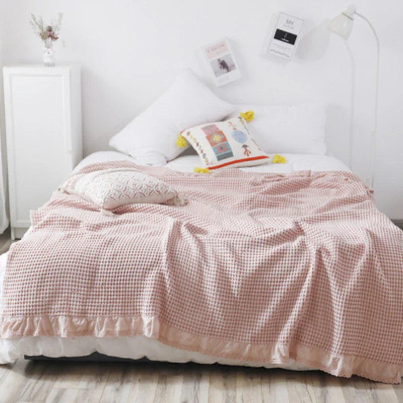 Rynx | 100% Cotton Soft Bed Plaid Home Japanese Knitted Blanket Corn Grain Waffle Texture Summer Ruffles Warm Plaid Throw Blanket
