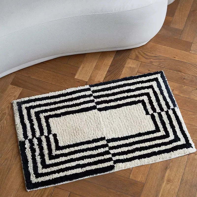 Rynx | Tufting Stripe Nightstand Rug Soft Geometric Black White Bath Mat Bedroom Rug Dressing Mat Floor Cushion Aesthetic Home Decor