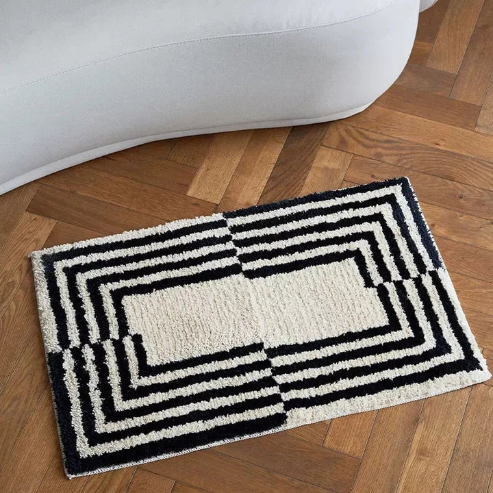 Rynx | Tufting Stripe Nightstand Rug Soft Geometric Black White Bath Mat Bedroom Rug Dressing Mat Floor Cushion Aesthetic Home Decor