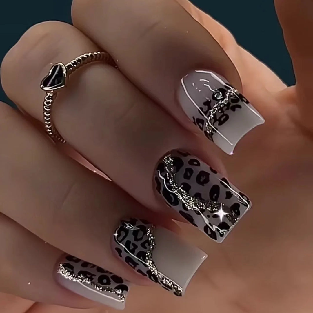 Rynx | Brown Leopard Gradient French Nail Art Red Bow Pearls False Nails Removable Ready-Made False Nails To Stick With Glue