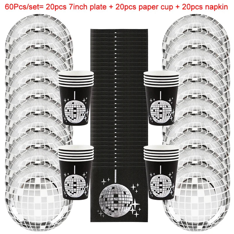 Rynx Disco Theme Party Disposable Tableware Set Silver Disco Ball Plates Napkins Cups 70s Birthday Party Decoration Wedding Supplies