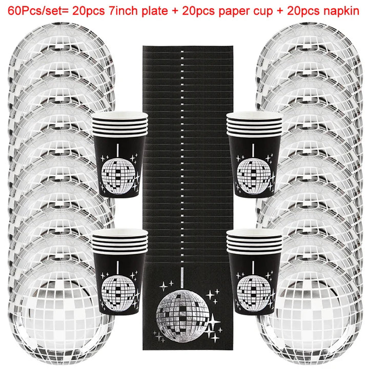 Rynx Disco Theme Party Disposable Tableware Set Silver Disco Ball Plates Napkins Cups 70s Birthday Party Decoration Wedding Supplies