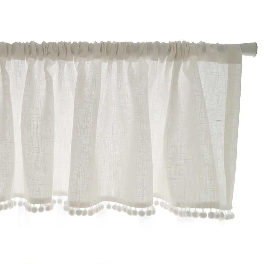 Rynx | 1 piece artificial linen cross pattern lace cotton ball short curtain half curtain small curtain Japanese and Korean style decorative curtain for kitchen furniture restaurant window curtain