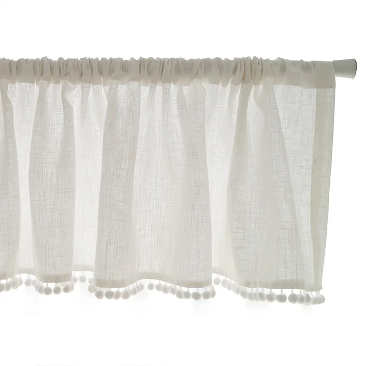 Rynx | 1 piece artificial linen cross pattern lace cotton ball short curtain half curtain small curtain Japanese and Korean style decorative curtain for kitchen furniture restaurant window curtain