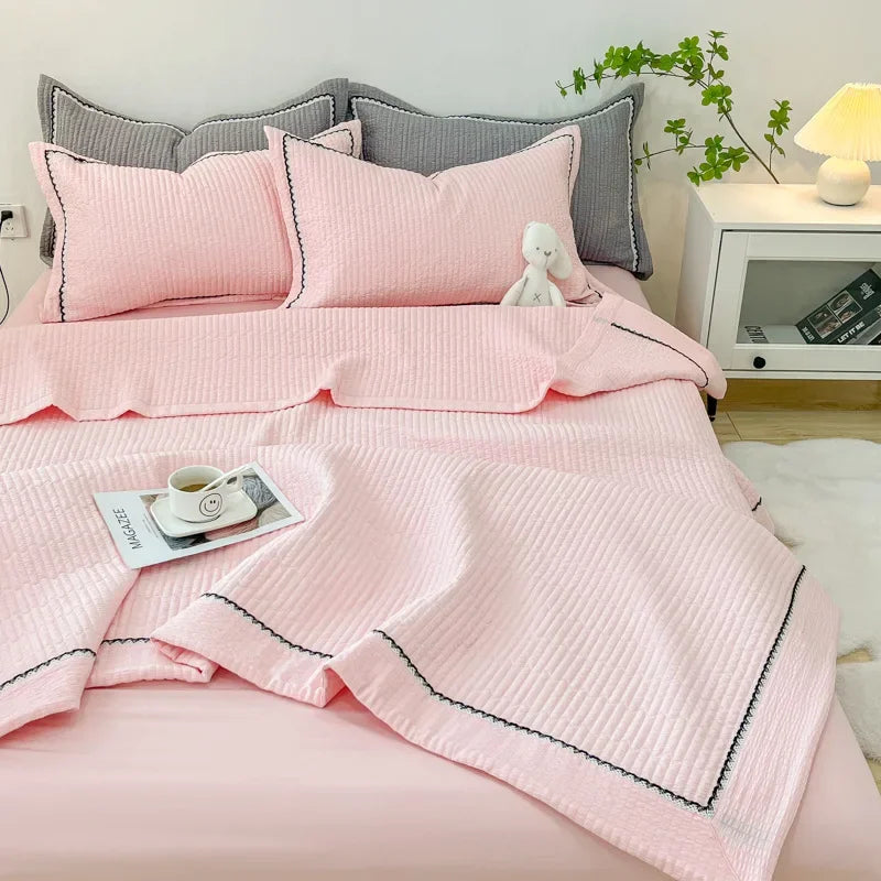 Rynx French Style Quilted Single Double Blanket for Summer Bubble Yarn Air Conditioning Queen Quilt Elegance Princess Thin Comforter