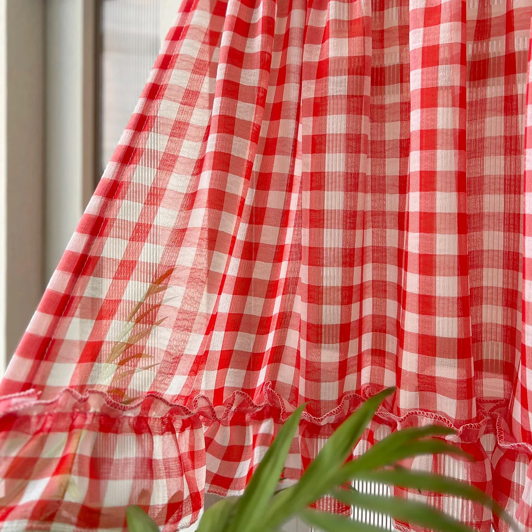 Rynx | Classic red checked ruffle curtain short sheer for kitchen retro soft tulle curtains for bedroom small window coffee half curtain