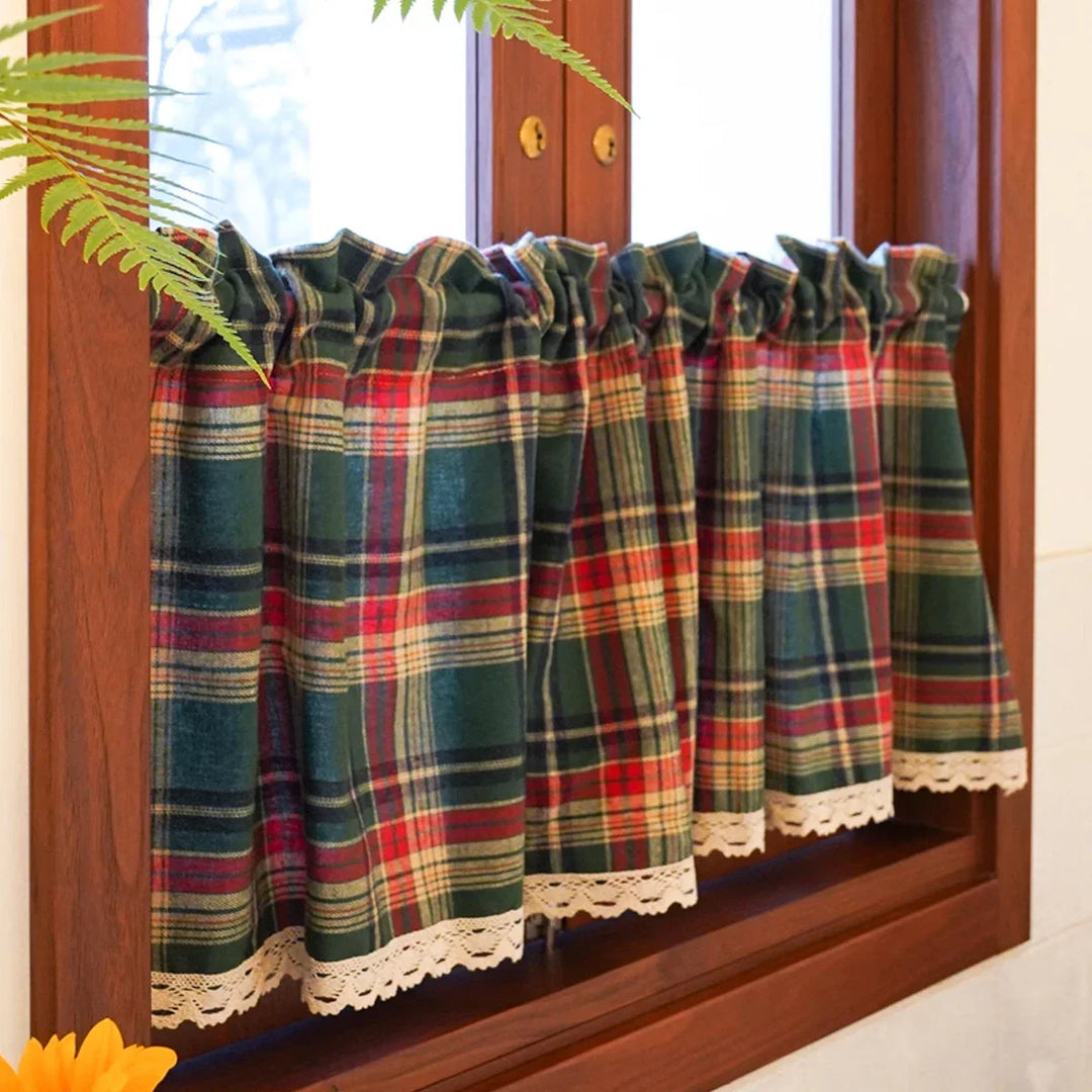 Rynx | 1 Piece Christmas Decoration Short Curtain Small Curtain Red and Green Checked with Lace Trim Rod Pocket Installation for Small Windows Kitchen Bathroom Living Room Coffee Curtain