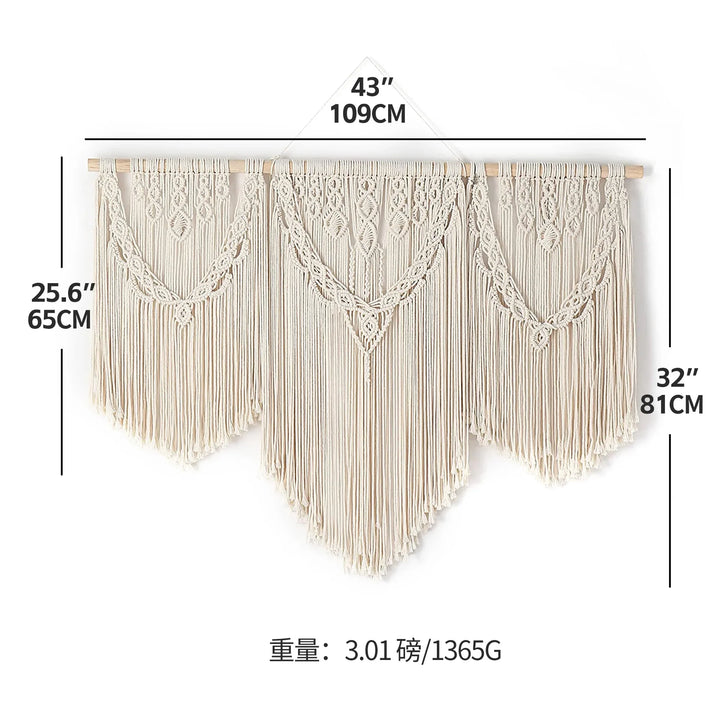 Rynx | Large Macrame Wall Tapestry Handcrafted Cotton Rope Tassel Pendant Wall Hanging Rug with Wooden Stick Handwoven Bohemia Tassel