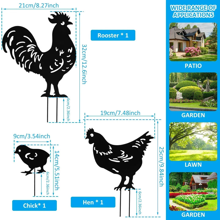 Rynx | 3/9Pcs Chicken Garden Stakes Metal Chicken Decoration Creative Rooster Silhouette Lawn Stake Decorative for Outdoor Terrace Lawn
