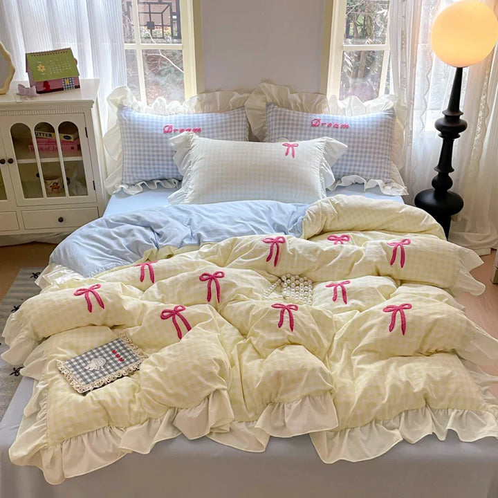 Lisslune | Prinzessinnen Bettwäsche Set Spitze Schleife Rosa Karomuster 4-teilig Bettdecke Bezug Blatt und Kissenbezug Soft Romantisch Für Mädchen