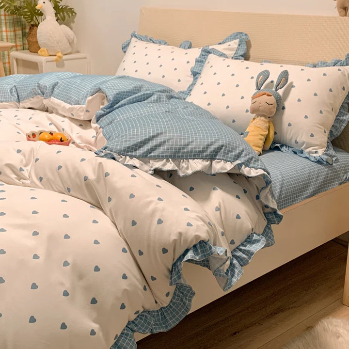 Rynx | Korean Princess Style Bedding Set Soft skin-friendly lace frill duvet cover Blue heart print bed covers pillowcases bed sheets