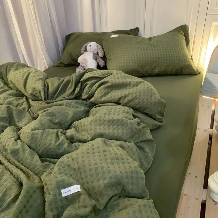 Rynx | Bedding Set Luxury High-Quality Lightweight Washable Cotton Waffle Four Pieces Olive Green Duvet Cover Bed Sheet Dormitory Three Pieces