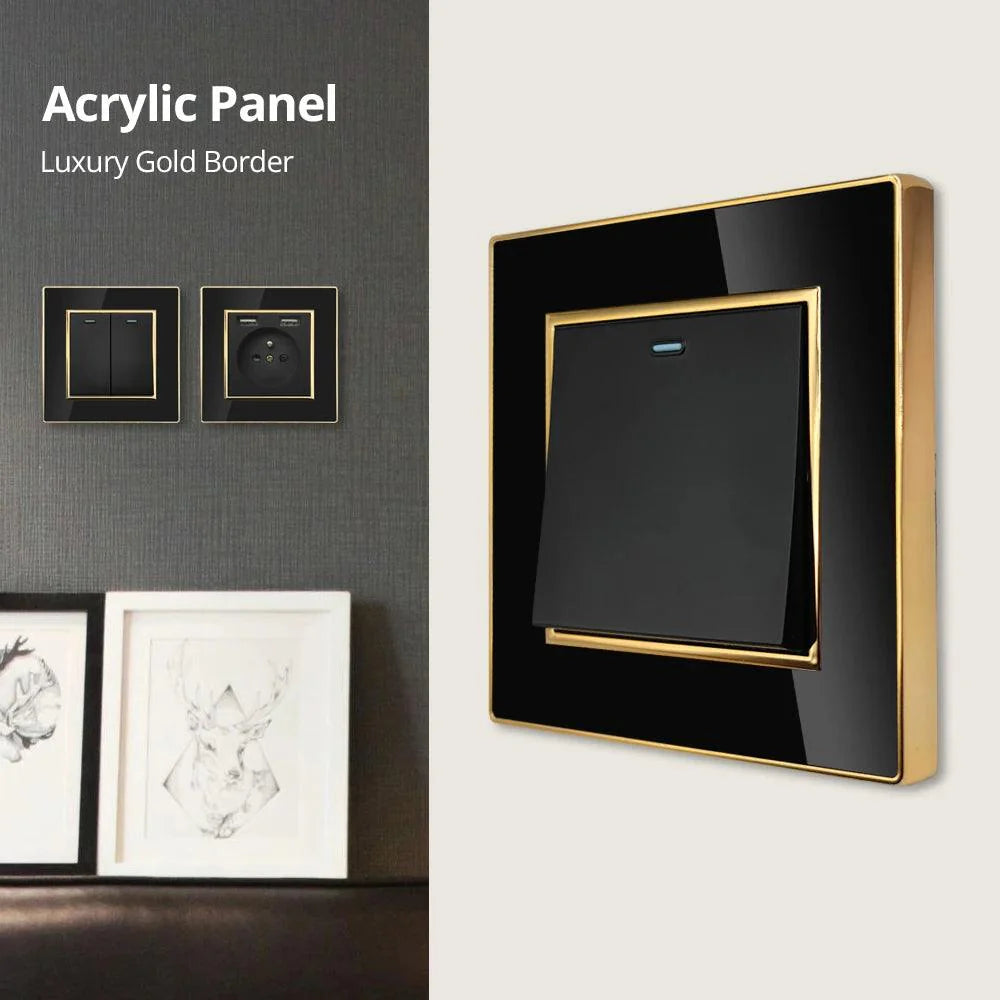 Lisslune | Luxurious black acrylic interchangeable panel with golden accents and universal sockets - 220V, multiple socket, modern design - Illuminated control panel with USB charging function