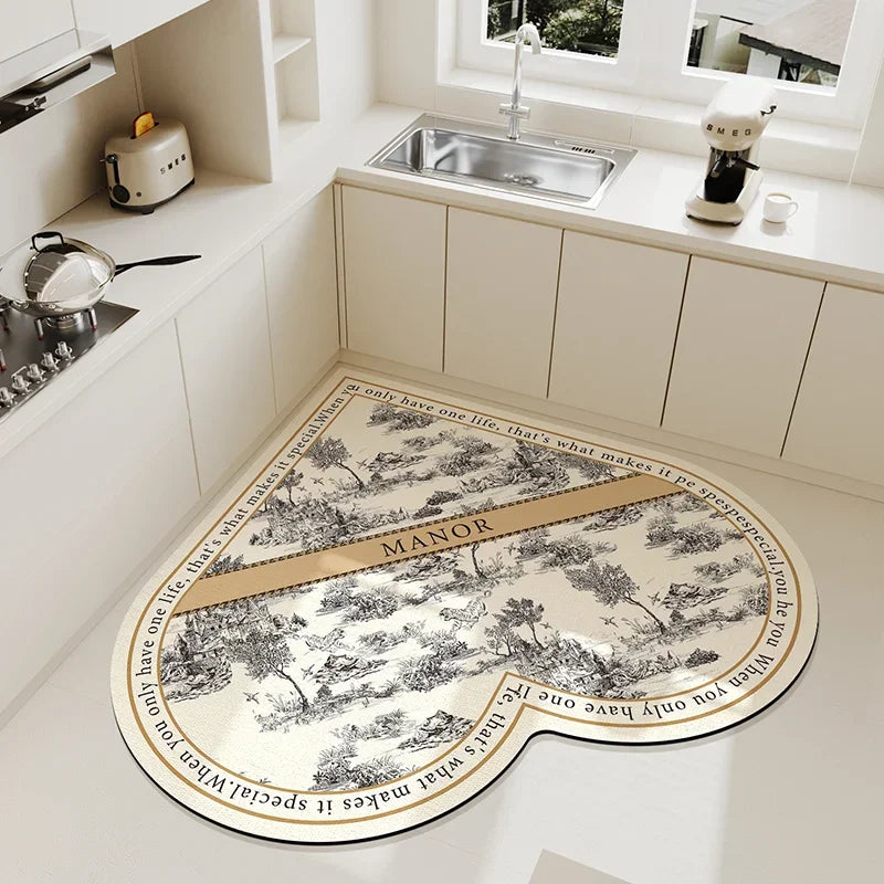 Rynx | Beige Cream Style Heart Pattern Kitchen Mat Irregular Water Absorbent Decorative Mat Easy to Clean Cuttable PVC Carpet