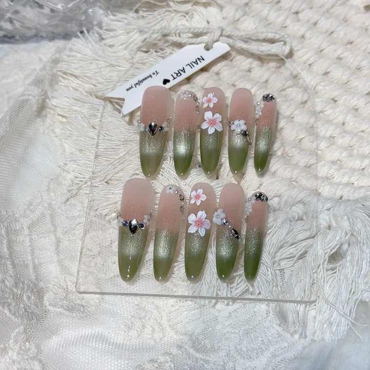Rynx | 10 Pieces Handmade Press on Nails with Blue White Flowers Decoration Artificial Nails Portable Full Coverage Glossy French Cat Eye Press on Nails