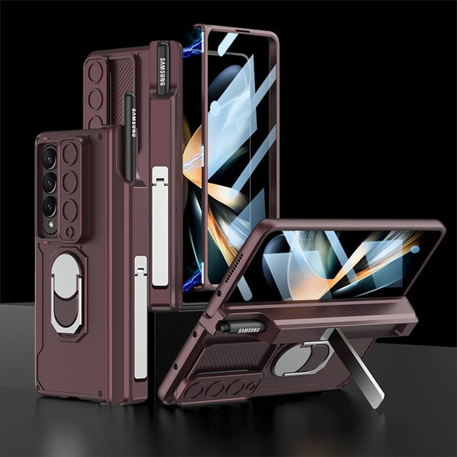 Lisslune | Luxury Case with S Pen Holder and Hinge Screen Protection Ring Stand Case for Samsung Galaxy Z Fold 5 Z Fold 4