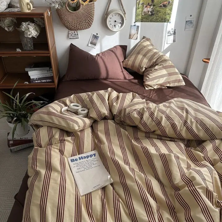 Rynx | Bedding Set Ins Ambiance Blue Coffee Grid Mixed With Washed Cotton Minimalist Four-Piece Set Fitted Sheet Duvet Cover