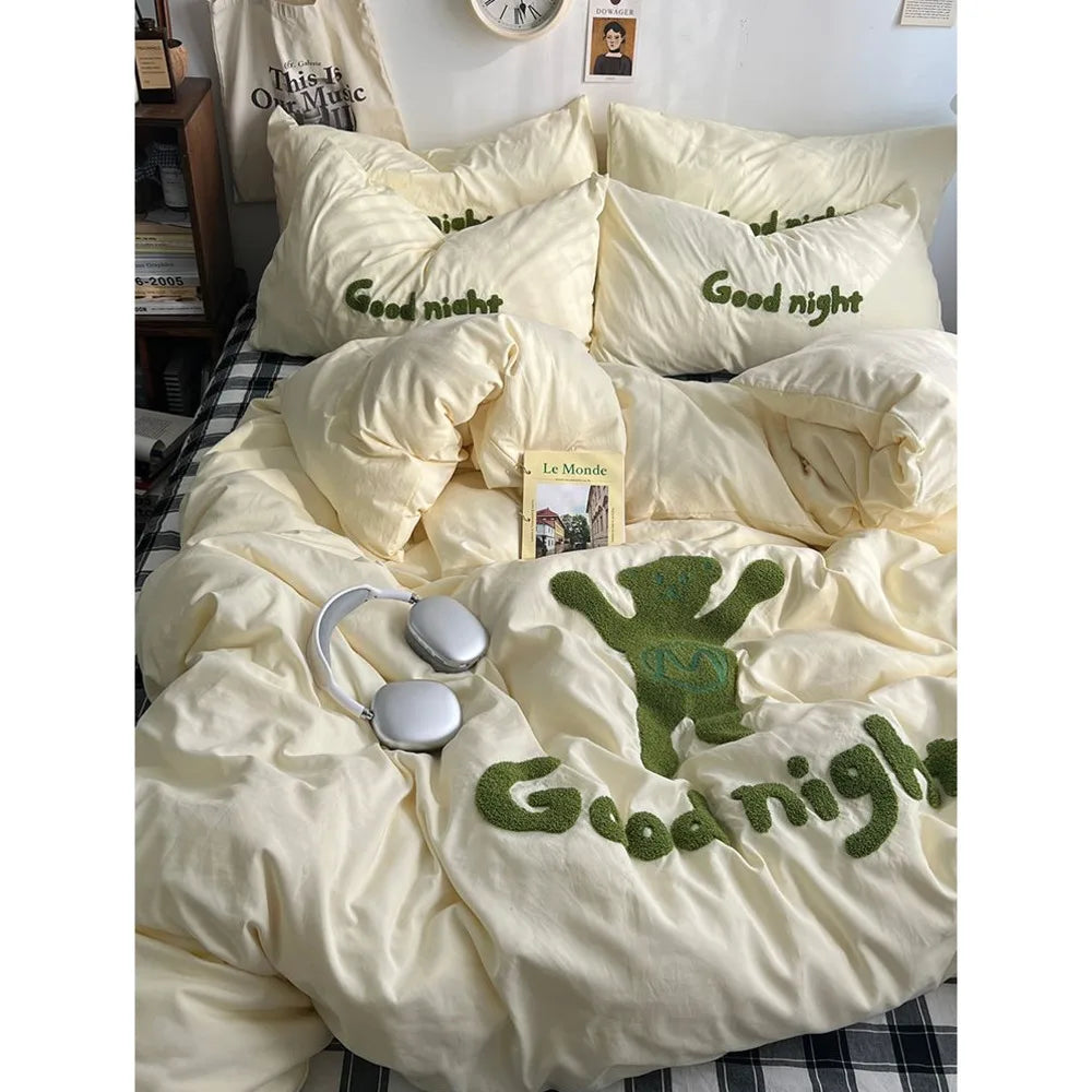 Rynx | Ins Cartoon Bedding Set Teddy Bear Washed Cotton Towel Embroidered Solid Color Bed Sheets Dorm Student Duvet Cover Set