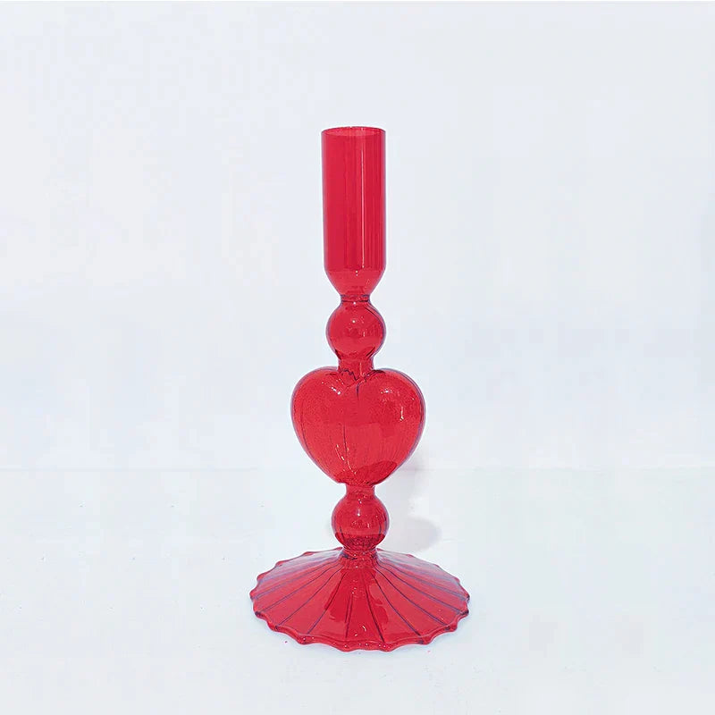 Lisslune | Retro Taper Candle Holder Red Heart Shape Glass Candle Holder Wedding Table Decoration Home Party Glass Vase Decor