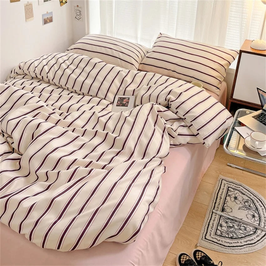 Rynx | Pure Cotton Home Textiles Blue Striped Bedding Set Simple Soft Duvet Cover Sheets Pillowcase In Style Bedding Queen King Size