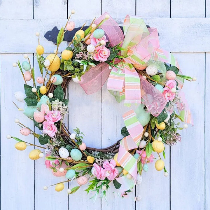 Lisslune | 5 Style Bow Ribbon Easter Egg Wreath Easter Egg Garland Door Ornaments Wall Decor Happy Easter 2023 Decor for Home Kids