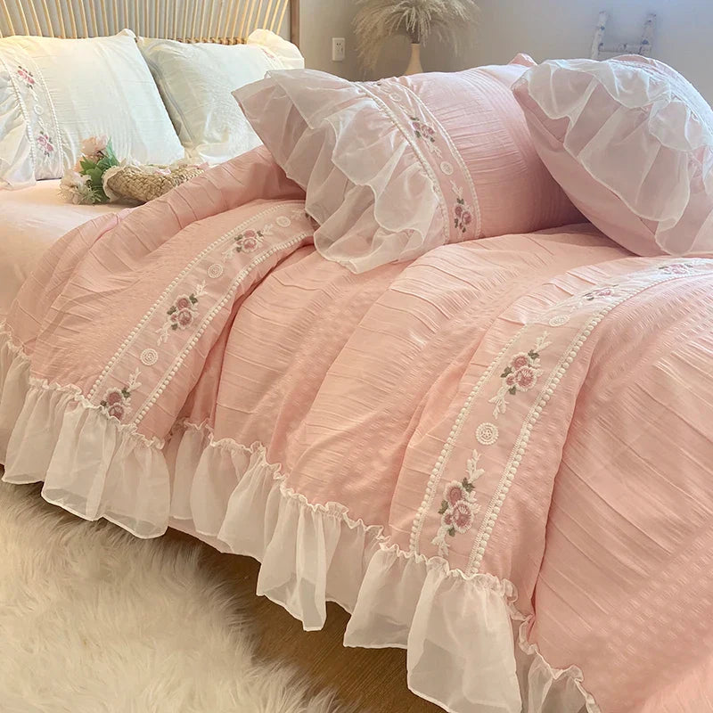 Rynx | Pink Korean Princess Style Lace Ruffle Wedding Bedding Set Seersucker Washed Cotton Soft Duvet Cover Set Bed Sheets Pillowcases