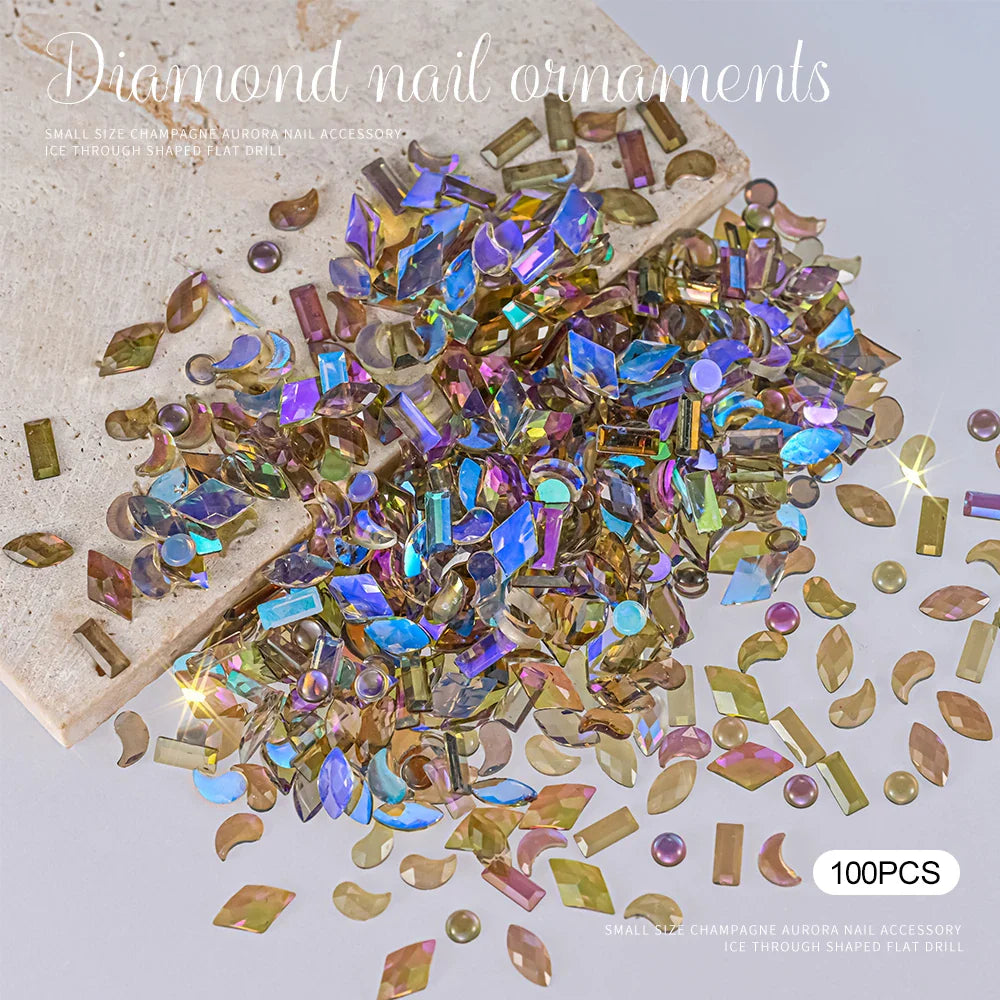 Rynx | 100 Pieces 3D Irregular Aurora Crystal Rhinestones Multi Shapes Aurora Nail Gems 6 Colors Flat Back Shiny Nail Art Rhinestones Charms