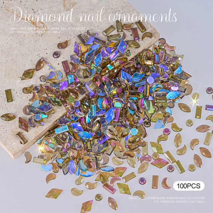 Rynx | 100 Pieces 3D Irregular Aurora Crystal Rhinestones Multi Shapes Aurora Nail Gems 6 Colors Flat Back Shiny Nail Art Rhinestones Charms