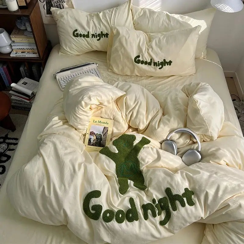 Rynx | Ins Cartoon Bedding Set Teddy Bear Washed Cotton Towel Embroidered Solid Color Bed Sheets Dorm Student Duvet Cover Set
