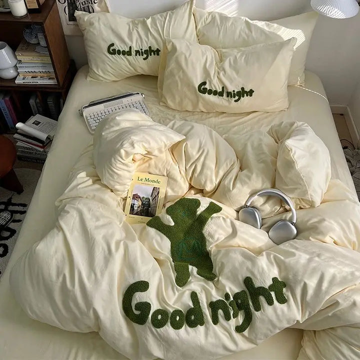 Rynx | Ins Cartoon Bedding Set Teddy Bear Washed Cotton Towel Embroidered Solid Color Bed Sheets Dorm Student Duvet Cover Set