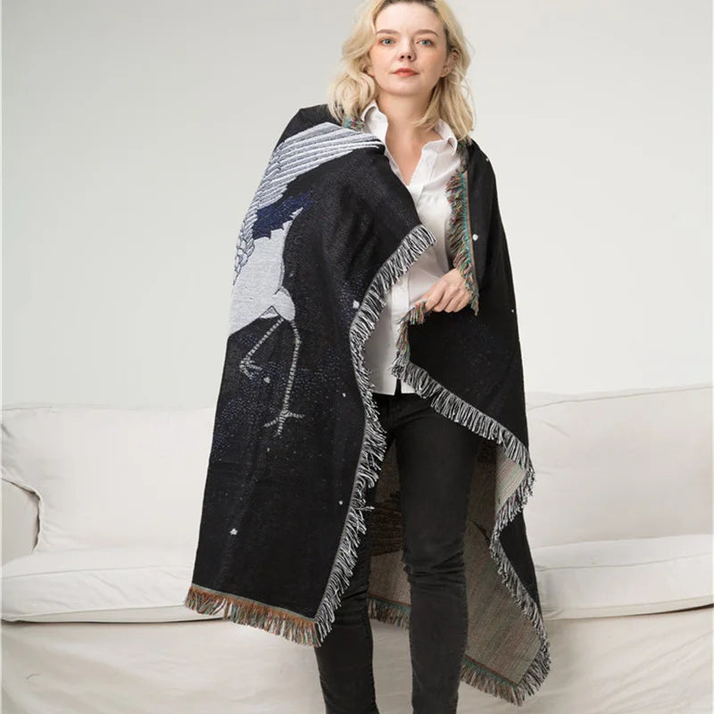 Rynx | Textile City In red crowned crane Retro throw blanket Ukiyo-e auspicious clouds decor wall tapestry heavy quality back support towel