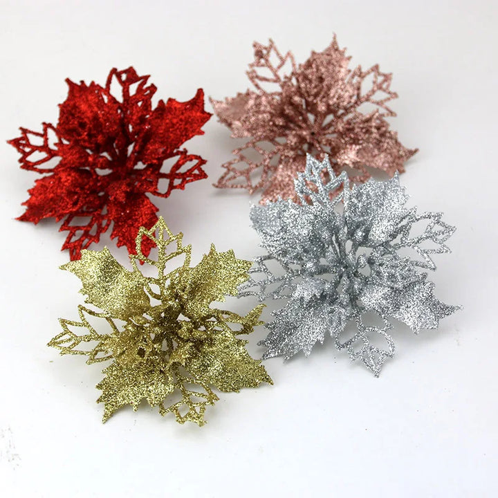 Rynx | (10 pieces) Artificial Christmas Tree Flowers Glitter Decorations Xmas Ornament New Year Gift