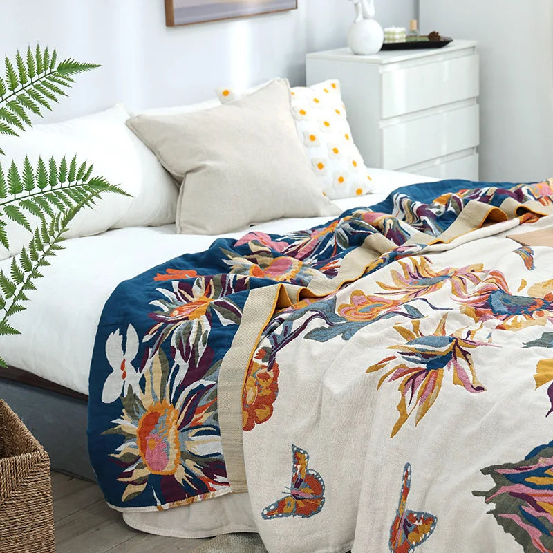 Rynx | Textilstadt Ink Flowers Scent Cotton Multilayer Gauze Towel Blanket Summer Cool Throw Blanket Bedroom Comfortable Bed Sheets 240x250