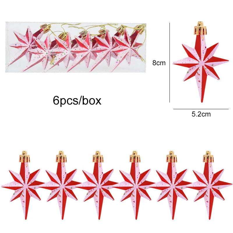 Rynx 6pcs/box Christmas Tree Pendant Red Star Candy Snowflake Xmas Ball Ornament New Year 2025 Home Decoration Noel Gift Navidad