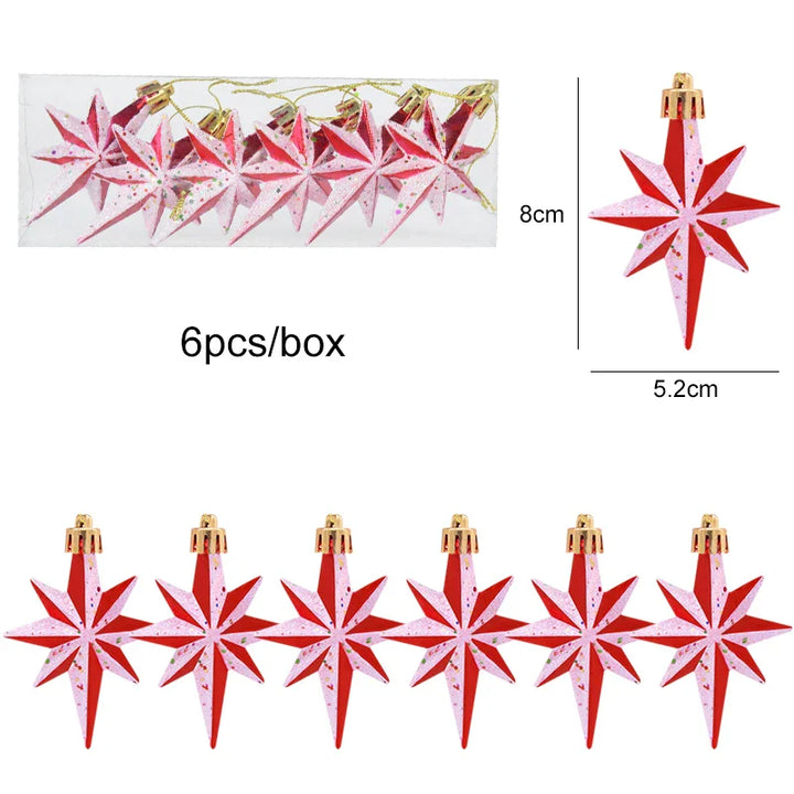 Rynx 6pcs/box Christmas Tree Pendant Red Star Candy Snowflake Xmas Ball Ornament New Year 2025 Home Decoration Noel Gift Navidad