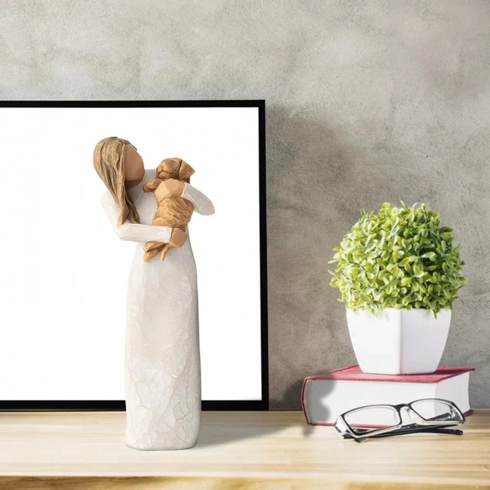 Lisslune | Statuette made of resin, people, family figures, sculpture, figures for home decor, table decoration, living room, angel, embrace, dog, father, child