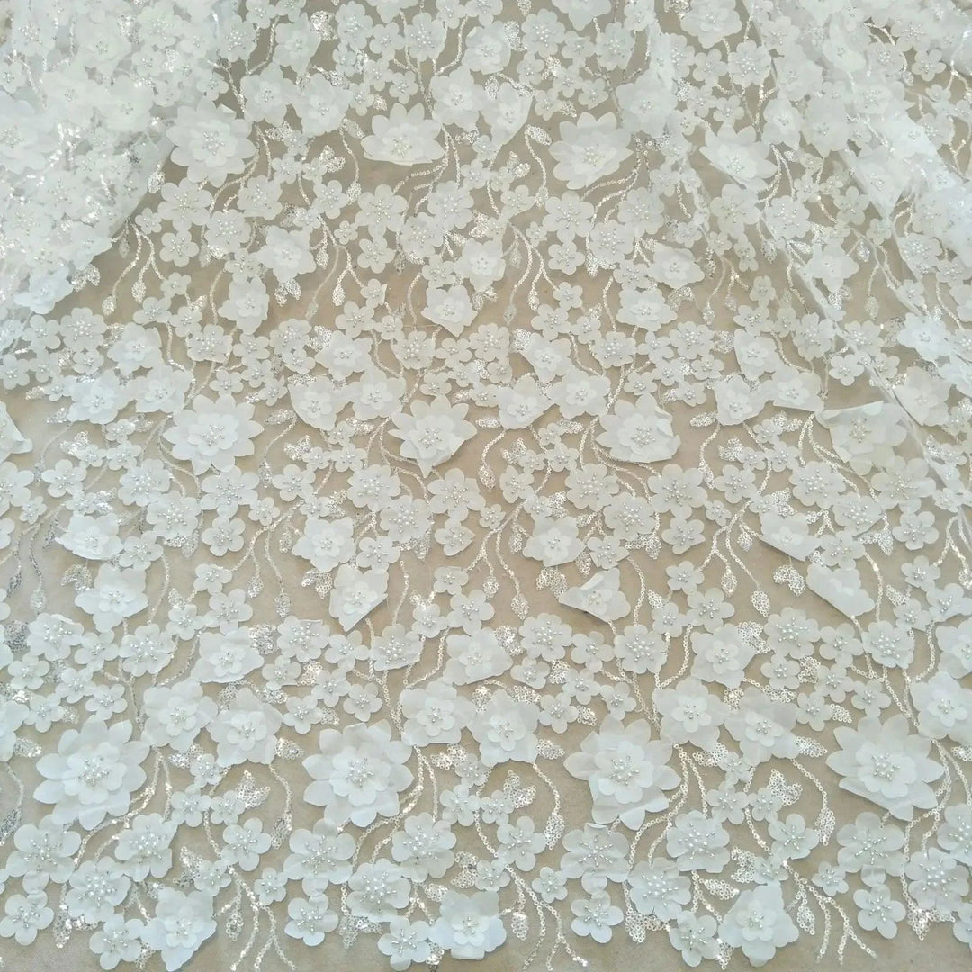 Lisslune | Extravagant Ivory 3D Pearls Lace Fabric - 130 cm Width, available per Yard