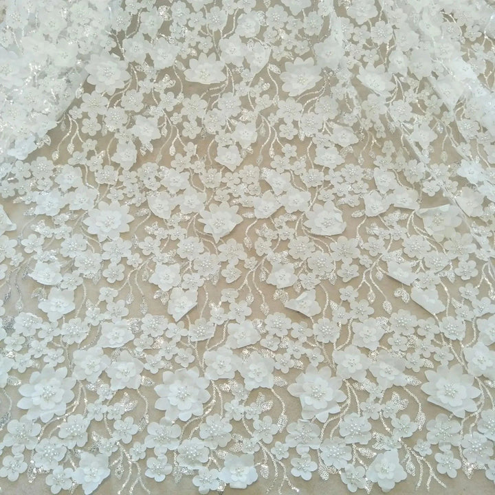 Lisslune | Extravagant Ivory 3D Pearls Lace Fabric - 130 cm Width, available per Yard