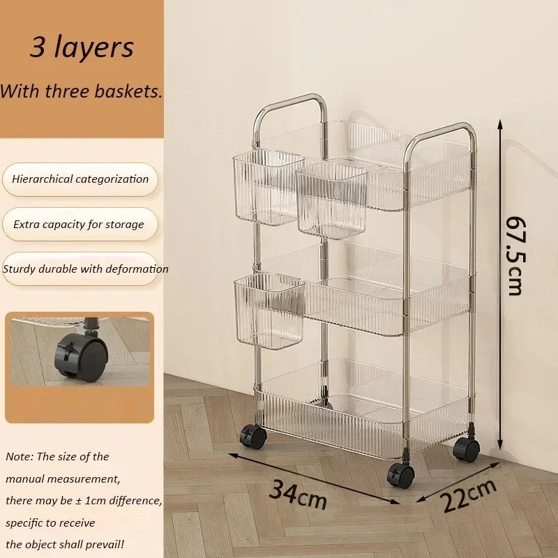 Rynx | Trolleys Storage Shelf Multi-Layer Transparent Acrylic Movable Cart Cosmetics Snack Storage Shelf Bookshelf Home Organizer
