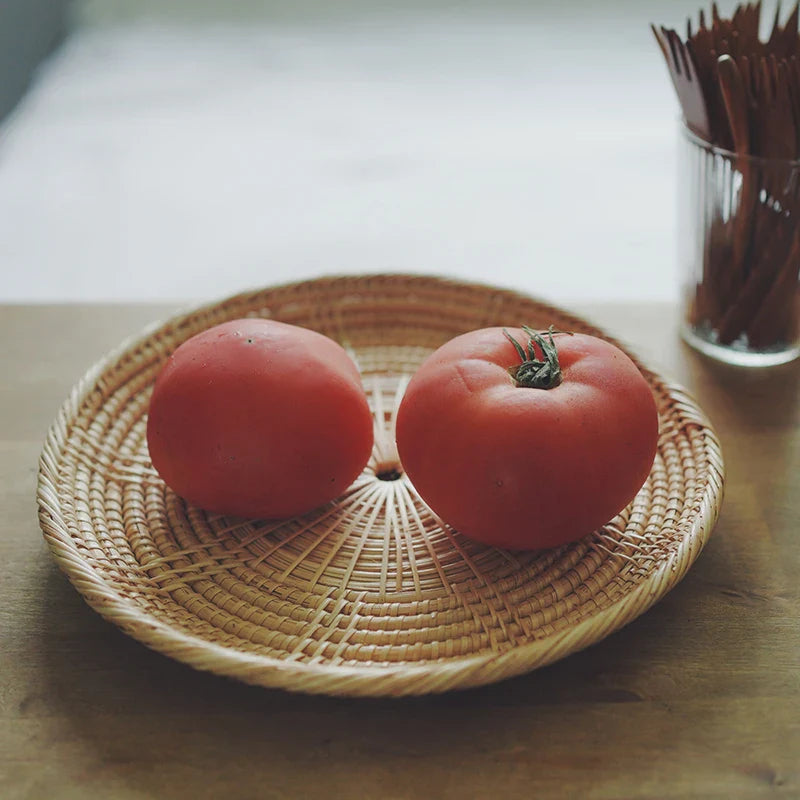 Rynx | Handmade Rattan Tray Round Food Fruits Bread Serving Plate Small Item Storage Picnic Baskets Home Kitchen Table Decor